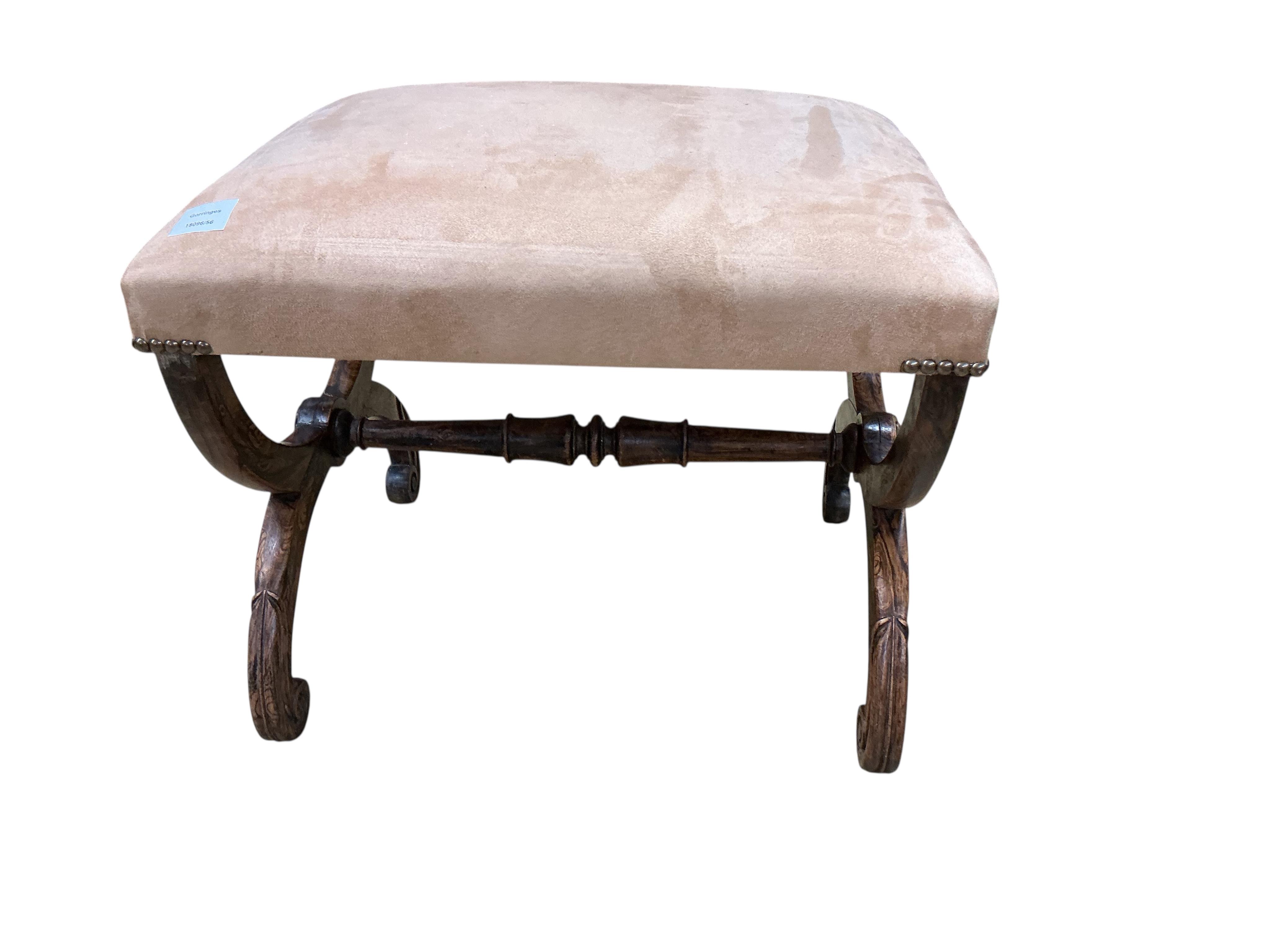 A William IV simulated rosewood 'X' frame dressing stool, width 55cm, depth 47cm, height 45cm